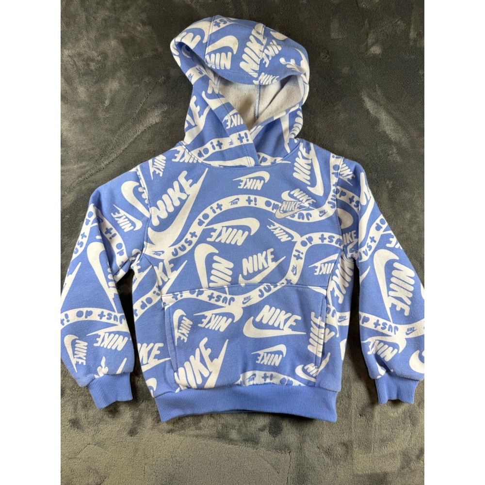 Kids Nike All Over Logo Print Hoodie Pullover Blue White Size S 4-5 Years